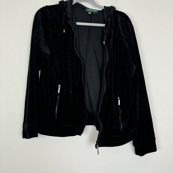 Lauren Ralph Lauren Black Velvet Velour Full Zip Track Jacket Size Large Y2K - Picture 4 of 5